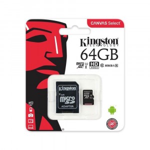Kingston 64GB Micro SD UHS-I 1 Class 10 80MB/s R avec adaptateur Canvas Select